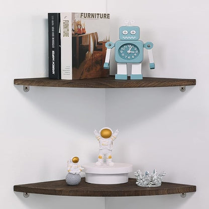 12 inch Corner Wall Shelf, Set of 2 Solid Wood Corner Floating Shelves for Wall, Round End Wall Mounted Floating Shelf for Bedroom, Living Room and Kitchen (Brown-12 inch)