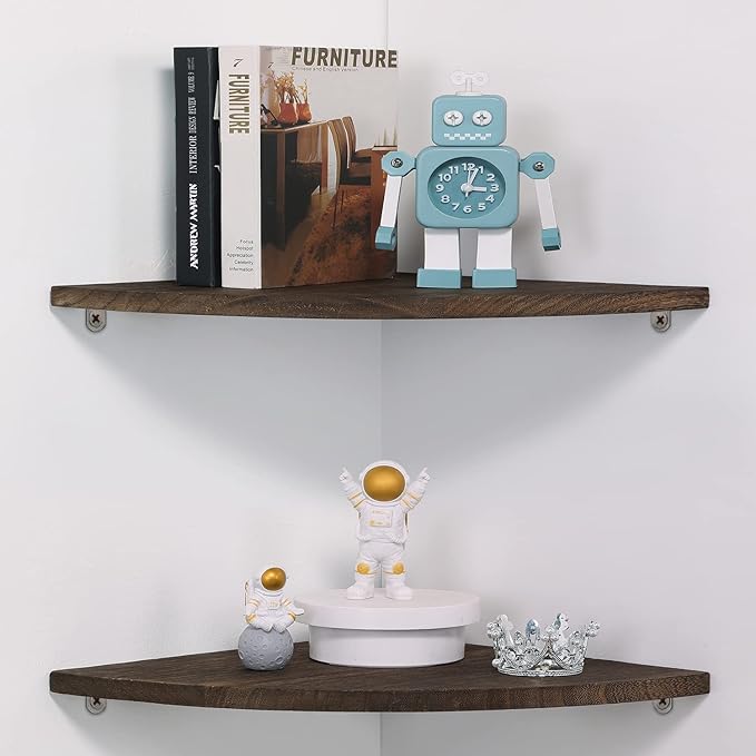 10 inch Corner Wall Shelf, Set of 2 Solid Wood Corner Floating Shelves for Wall, Round End Wall Mounted Floating Corner Shelf for Bedroom, Living Room and Kitchen (Brown-10 inch)