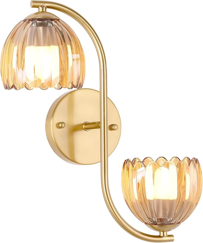 Battery Operated Wall Sconce, 2-Lights Vinatge Brass Wall Lighting Up and Down with Amber Tulip Shade for Living Room, Bedroom