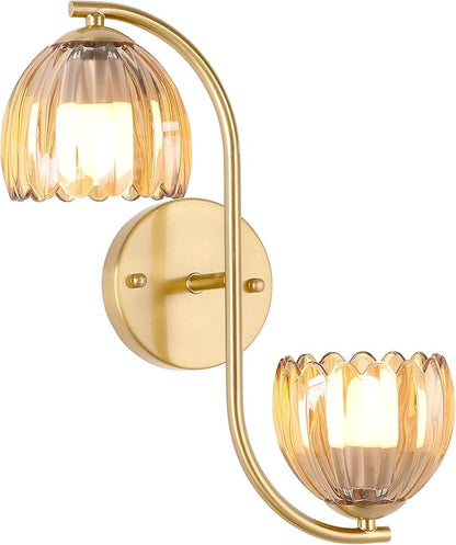 Battery Operated Wall Sconce, 2-Lights Vinatge Brass Wall Lighting Up and Down with Amber Tulip Shade for Living Room, Bedroom