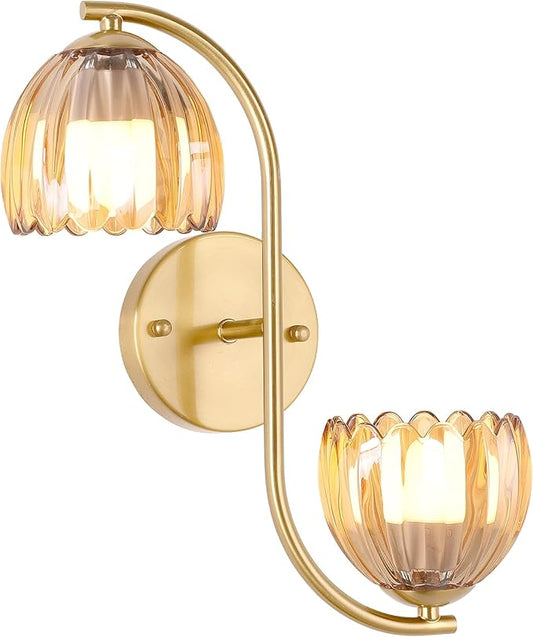 Battery Operated Wall Sconce, 2-Lights Vinatge Brass Wall Lighting Up and Down with Amber Tulip Shade for Living Room, Bedroom