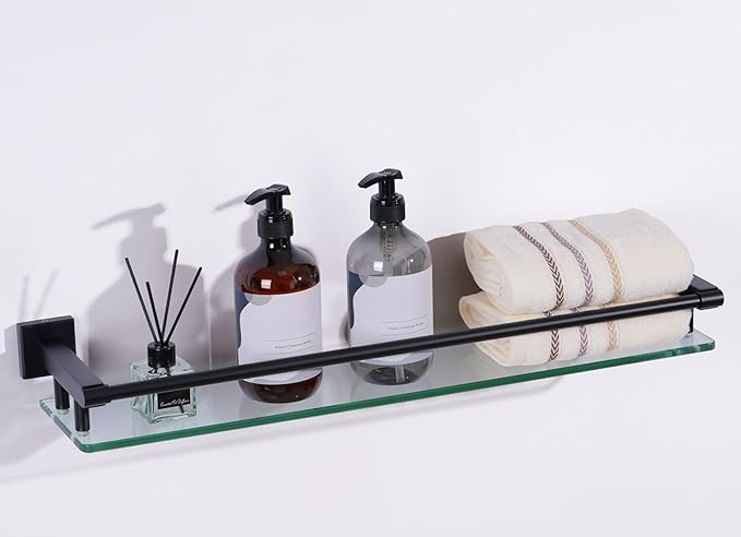 Glass Shelf for Bathroom Wall Sheves 24 inch Rectangular Stainless Steel Tempered Glass Modern Stainless Steel Wall Mount Accessories Organizers Storage (Matte Black)