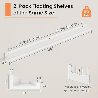 RICHFOCUS Picture Ledge Shelf, 40 inch Floating Shelves Set of 2, Wood Wall Shelves with Lip, Wall Decor Storage for Bedroom Living Room Bathroom Kitchen Nursery Photo Picture, White