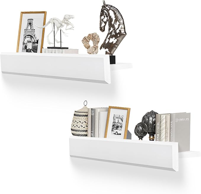24 Inch Picture Ledge Shelf with Lip,Floating Shelves for Wall, Set of 2 Solid Pine Wood Shelves with Invisible Brackets, Wall Storage for Living Room, Bedroom, Kitchen, Bathroom(White)