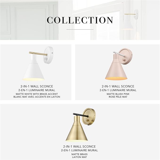 Globe Electric 65542 1-Light Plug-in or Hardwire Wall Sconce, Matte White, Brass Accent, Stepless Dimming Rotary Switch, Fabric Cord, Modern Lighting for Apartment or Renters, Home Decor