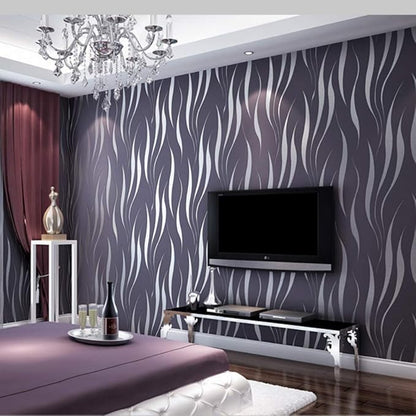 Q QIHANG Simple Fashionable Non-Woven Wallpaper 3D Embossed Three-Dimensional Flocking Foaming Wave Stripes Bedroom Living Room TV Background Wall Shop Decoration20.87 Wx393.7 L Non-Pasted (Purple)