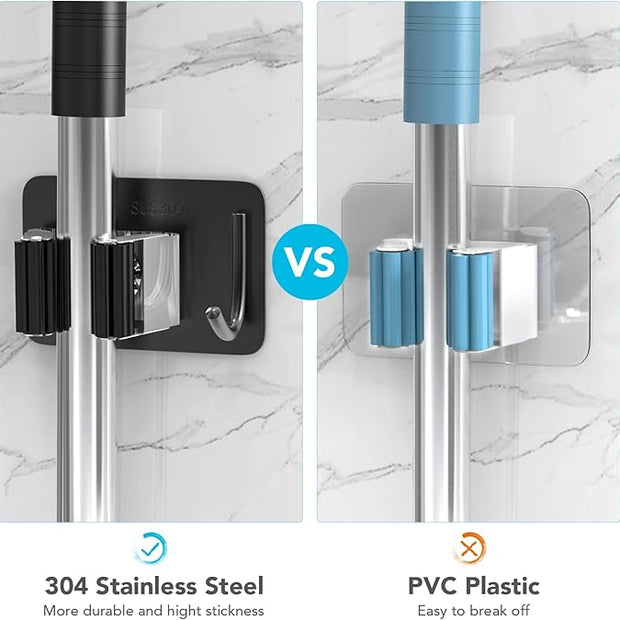 Mop Broom Holder No Drill, Mop Broom Organizer Wall Mounted Heavy Duty with Hooks Hanger, Self Adhesive Stainless Steel 4Pcs for Bathroom, Kitchen, Office (Multicolor)