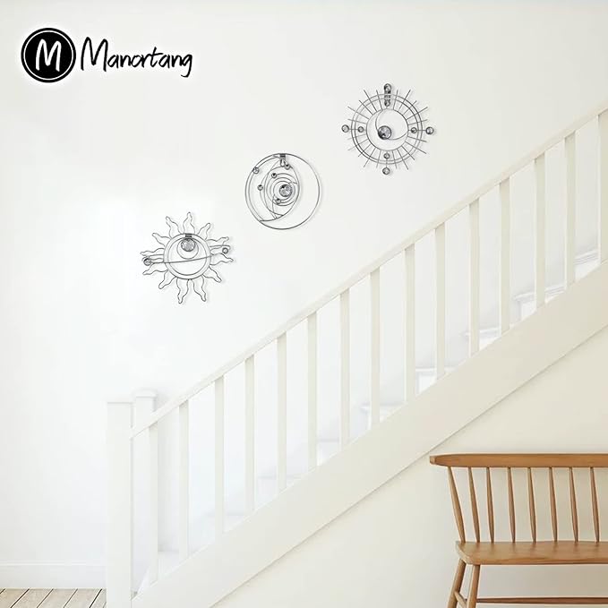 Silver Metal Wall Art, Abstract Sun Moon Star Decor, Modern Line Art Valentine Decorations, Mystical Star Circle Planet Handmade Wall Valentine Decor for Living Room Kitchen Office 9 inch