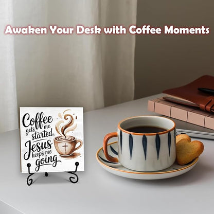 5'' Rustic Cafe Wooden Sign With Metal Stand - Coffee Gets Me Started Jesus Keeps Me Going - Religion Wooden Plaque Tabletop Decor Gifts For Coffee Lover Christians - Home Kitchen Decor & Supplies-B04
