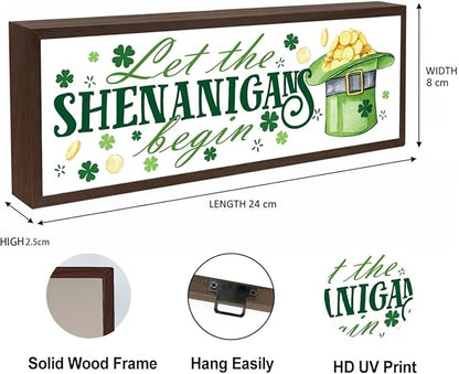 Irish Decor, Let the Shenanigans Begin Sign, Shamrock Decor Art, Green Hat Decors, St Patricks Day Decoration for Home Kitchen Shelf, Coffee Bar Decors, 9.5x3.1x1 inches