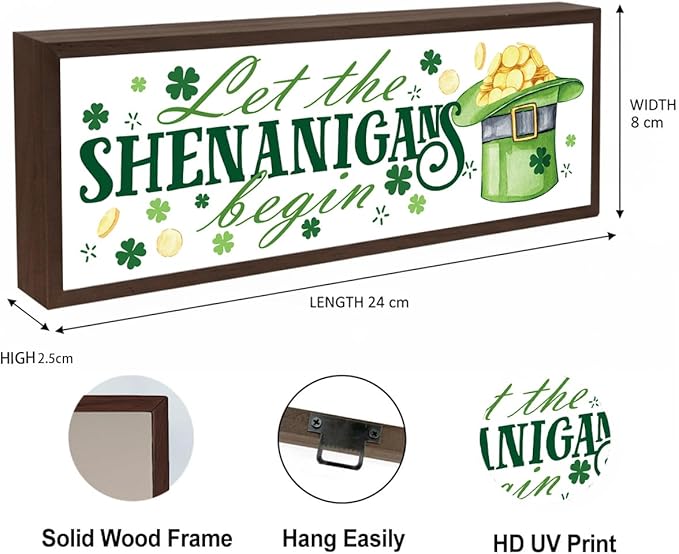 Irish Decor, Let the Shenanigans Begin Sign, Shamrock Decor Art, Green Hat Decors, St Patricks Day Decoration for Home Kitchen Shelf, Coffee Bar Decors, 9.5x3.1x1 inches