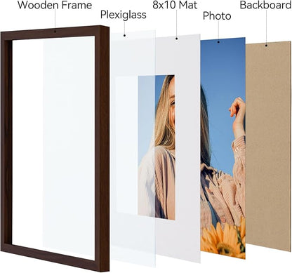 Vittanly 11x14 Picture Frame Set of 4, Display Pictures 8x10 with Mat or 11x14 without Mat, Engineered Wood with Shatter Resistant Plexiglass, Wall Gallery Photo Frames for Wall or Tabletop, Brown