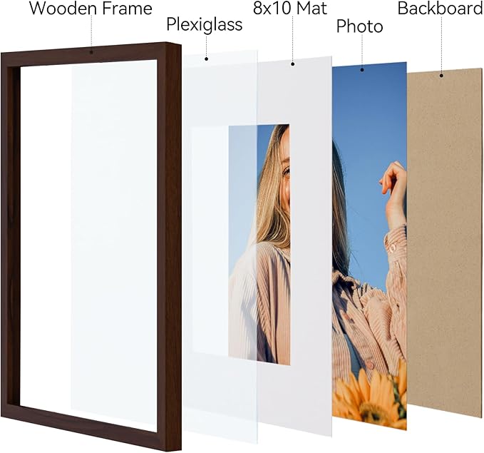 Vittanly 11x14 Picture Frame Set of 4, Display Pictures 8x10 with Mat or 11x14 without Mat, Engineered Wood with Shatter Resistant Plexiglass, Wall Gallery Photo Frames for Wall or Tabletop, Brown