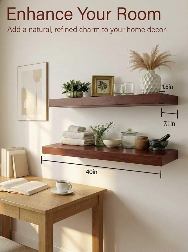 Solid Wood Floating Shelves,40in Finished Real Wood Wall Shelves with Heavy-Duty Hidden Bracket, Easy Installation, Set of 2, 40in x 7.1in x 1.5in, for Living Room Bedroom Kitchen,Walnut
