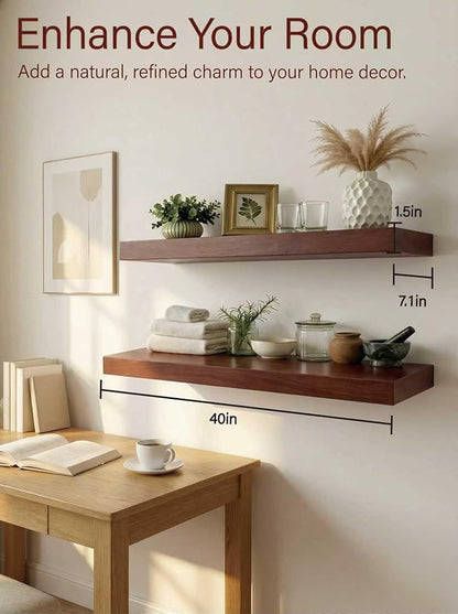 Solid Wood Floating Shelves,40in Finished Real Wood Wall Shelves with Heavy-Duty Hidden Bracket, Easy Installation, Set of 2, 40in x 7.1in x 1.5in, for Living Room Bedroom Kitchen,Walnut