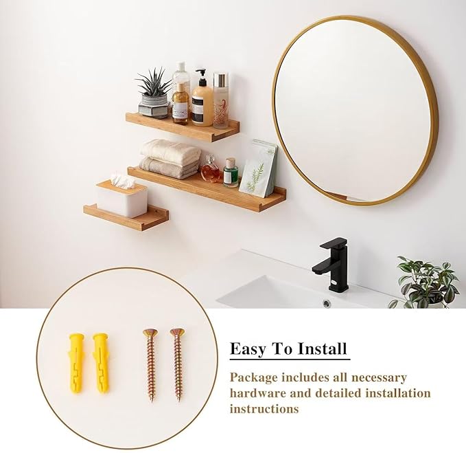 Oak Floating Shelves 12 Inch Wall Shelves for Decor and Storage, 4 Inch Deep Natural Solid Wood Shelf, Picture Ledge Shelf for Bedroom Bathroom Living Room KitchenLaundry Room