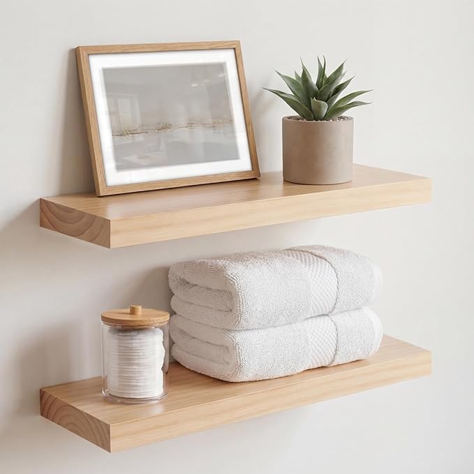 Homeforia 18 inch Natural Floating Shelf, High End Solid Real Wood 18inch Small Floating Shelves for Wall Mounted, Natural Wooden Floating Shelves, Heavy Duty Bracket, 18 X 6.5 X 1.75 in, Set of 2