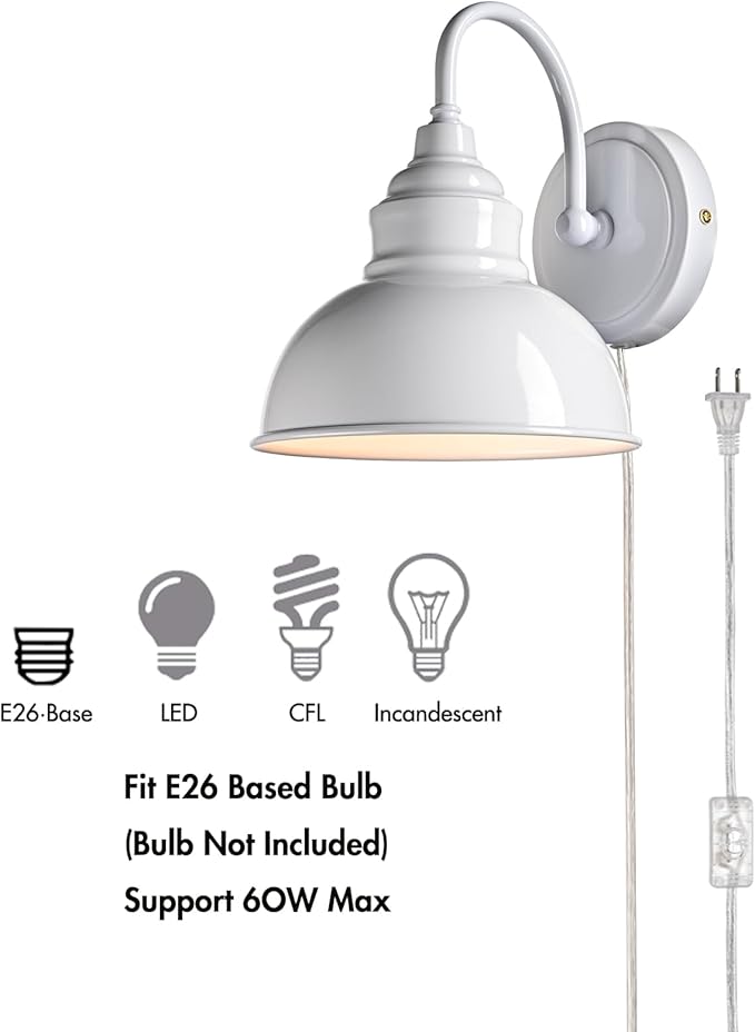 Bright White Modern Wall Light Fixture Plug-in Wall Sconce 7-inch Gooseneck Wall lamp for Bedroom Living Room Porch Entryway Garage