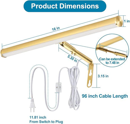 LED Picture Lights for Paintings Plug in, Adjustable Art Light Gallery Wall Light for Display Art Work, 16inch 6W 3000K Warm White, Gold Finish CRI80+