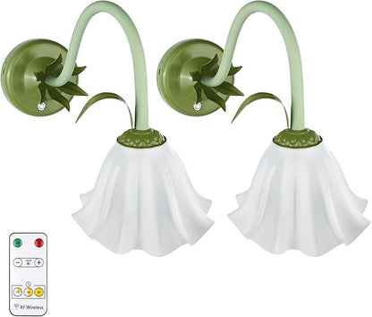 Battery Operated Cordless Flower Wall Sconce Set of 2 (Green), Stepless Dimming Magnetic Wireless Wall Lamp, 5200mAh Rechargeable Battery, for Living Room Bedroom Hallway Corridor