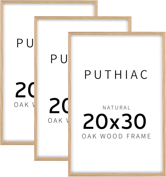 puthiac 20x30 Solid Oak Wood Picture Frame, 20 x 30 Poster Frames for Wall, Vertical or Horizontal, Plexi Front, 3 Pack, Natural Oak