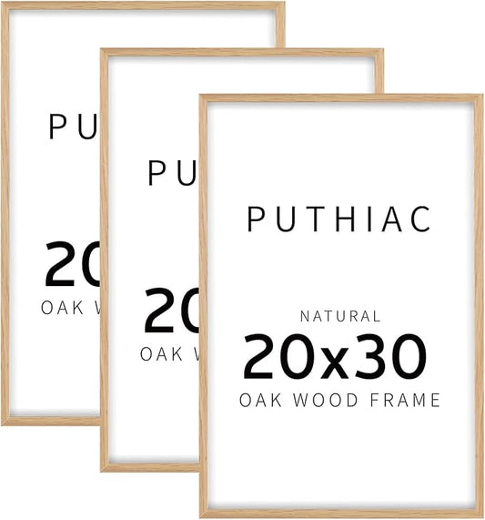 puthiac 20x30 Solid Oak Wood Picture Frame, 20 x 30 Poster Frames for Wall, Vertical or Horizontal, Plexi Front, 3 Pack, Natural Oak