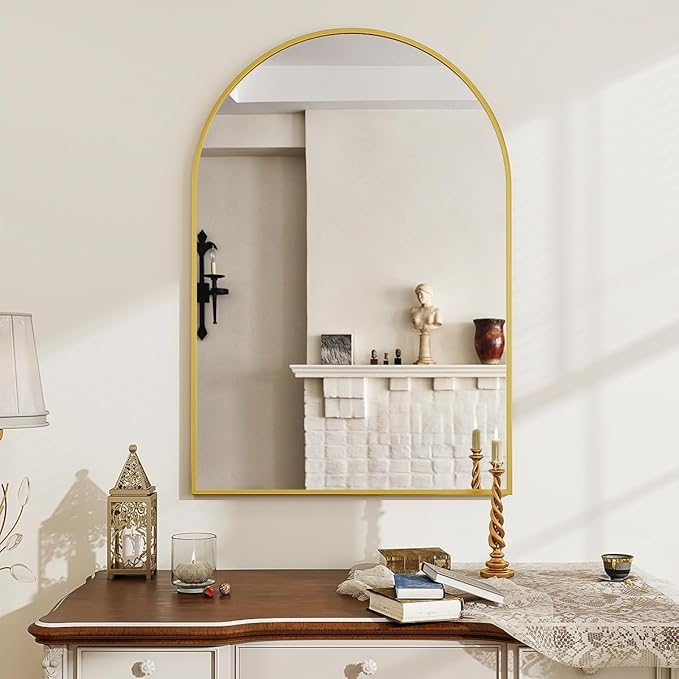 24x36 inch Arch Wall Mirror, Gold Arched Bathroom Vanity Mirrors for Over Sink, Metal Frame Room Wall Decor Haning or Leaning for Entryway, Bedroom, Living Room