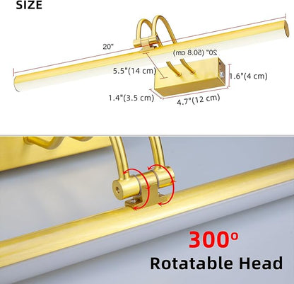 Picture Light,Picture Lights for Wall Cordless,20" Picture Lights with Timer and Dimmable,Battery Wall Lights for Display Gallery Painting Art Frame Portrait-Plated Gold