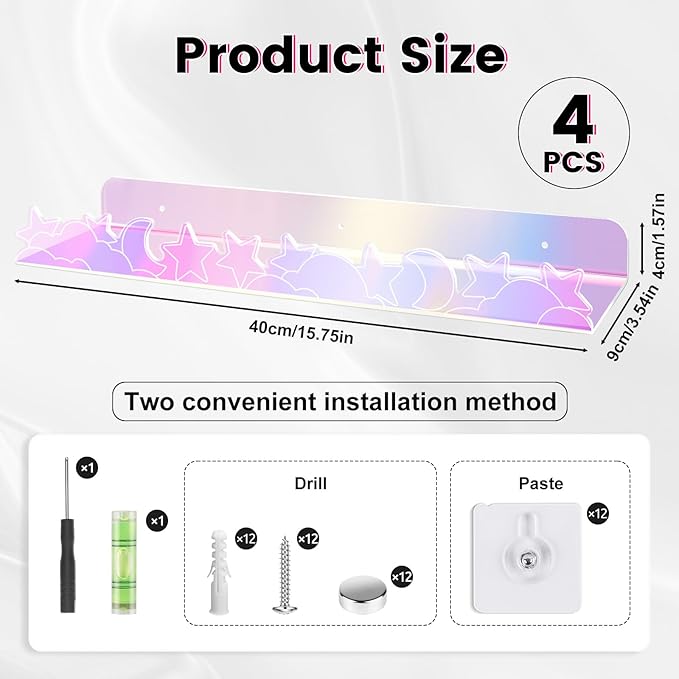 Floating Shelves for Wall,4 Pack 15.7’’x 3.5’’Adhesive Acrylic Shelves Organizer for Book Toy Photo Makeup,Wall-Mounted Kids Storage for Bathroom,Bedroom,Nursery,Iridescent Star and Moon