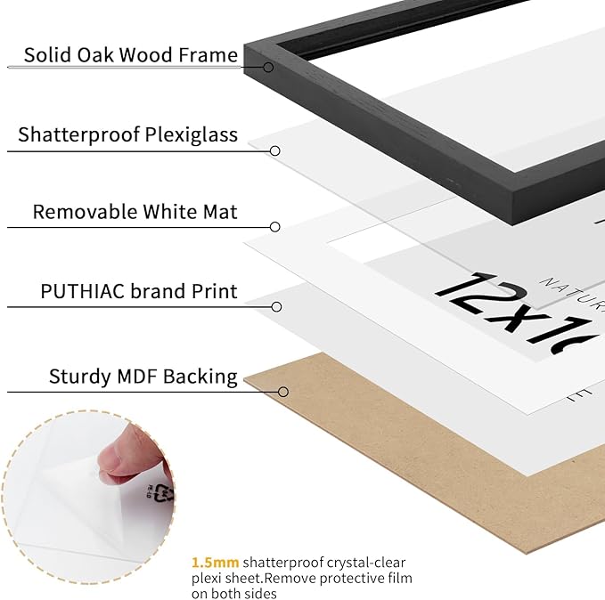puthiac 12x16 Solid Oak Wood Picture Frame, Fits 8x12 with Mat or 12x16 Without Mat, Wall Display Only, Vertical or Horizontal, Plexi Front, 3 Pack, Black
