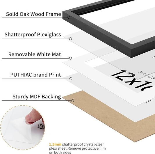 puthiac 12x16 Solid Oak Wood Picture Frame, Fits 8x12 with Mat or 12x16 Without Mat, Wall Display Only, Vertical or Horizontal, Plexi Front, 1 Pack, Black