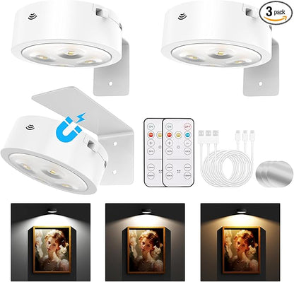 3-Pack Picture Lights for Wall, Rechargeable Battery Magnetic Poster Lights with Remote Dimmable 3-Color Temps & Timer, LED Art Display Lighting for Paintings, Frames & Wall Art Decor (White)