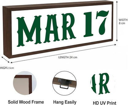 Mar 17 Sign, St. Patrick's Day Date Wood Sign, Rustic Farmhouse Decorations, Table Shelf Decors, Wooden Decor Signs for Home Office Coffee Bar Indoor, 9.5x3.1x1 inches