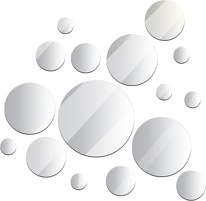 Jetec 16 Pcs Real Glass Round Mirror Tiles Frameless Round Wall Mirrors Glass Mirror Tiles Wall-Mount Mirrors with Acrylic Double Sided Adhesive for Bedroom Bathroom Craft