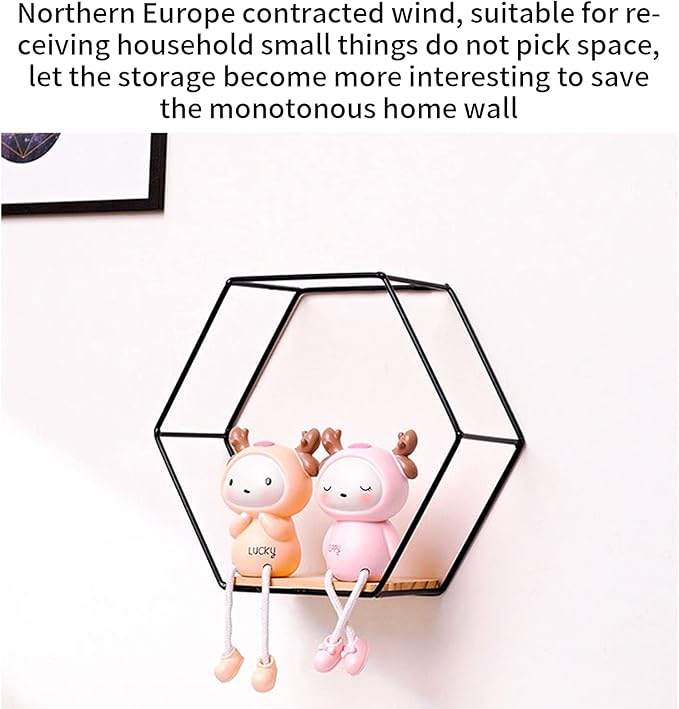 Wall Mounted Hexagonal Floating Shelves Black Set of 3 in Different Sizes, Modern Metal Wall Shelf, Simple Wood Partition Storage Shelves, Wall Decor Rack for Bedroom, Living Room, Kitchen and Office