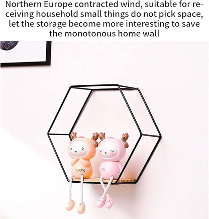 Wall Mounted Hexagonal Floating Shelves Black Set of 3 in Different Sizes, Modern Metal Wall Shelf, Simple Wood Partition Storage Shelves, Wall Decor Rack for Bedroom, Living Room, Kitchen and Office