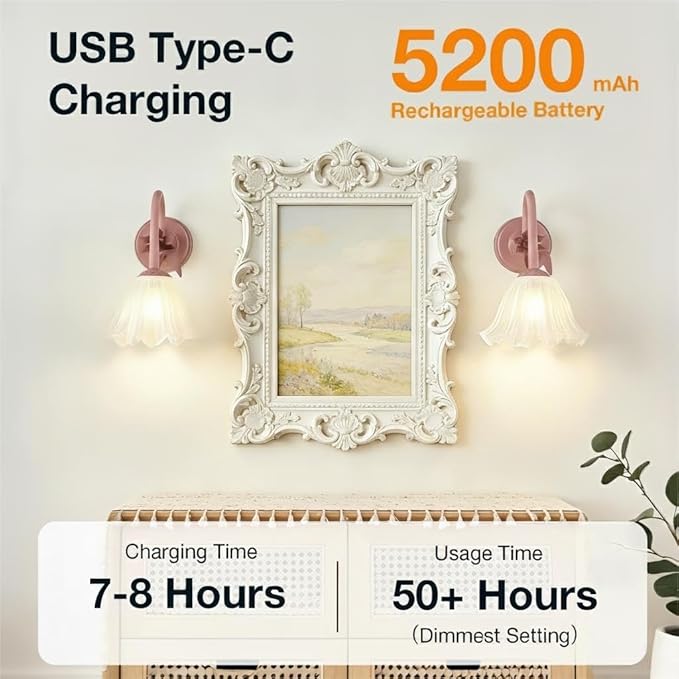 Battery Operated Cordless Flower Wall Sconce Set of 2 (Pink), Stepless Dimming Magnetic Wireless Wall Lamp, 5200mAh Rechargeable Battery, for Living Room Bedroom Hallway Corridor