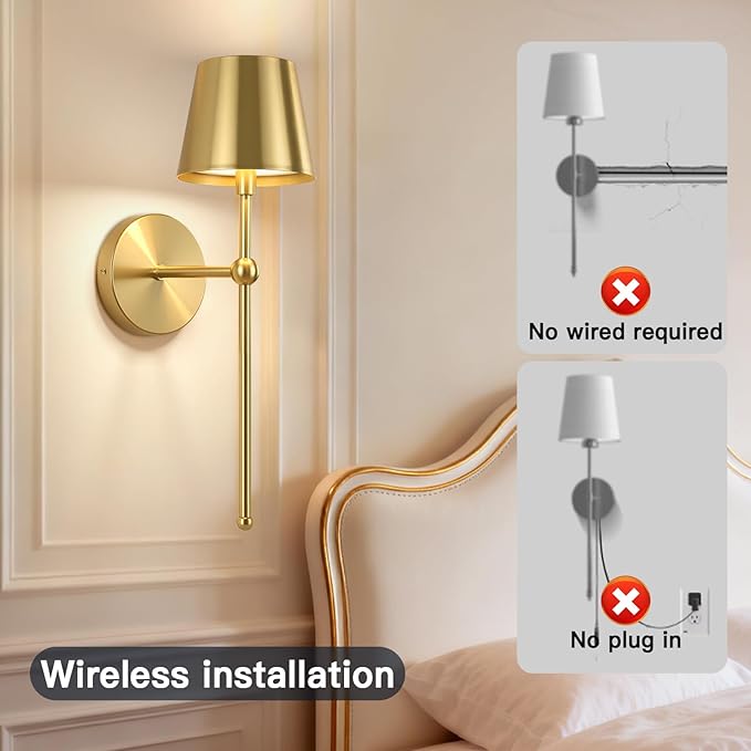 Battery Operated Wall Sconces Set of 2, Wireless Wall Sconce with Remote Dimmable Timer, Rechargeable 5200mAh, Cordless Gold Wall Light for Bedroom Living Room, Hallway, Light Decor
