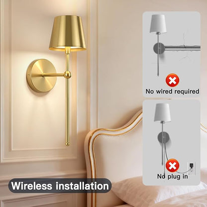 Battery Operated Wall Sconces Set of 2, Wireless Wall Sconce with Remote Dimmable Timer, Rechargeable 5200mAh, Cordless Gold Wall Light for Bedroom Living Room, Hallway, Light Decor