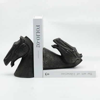 Lukitas Horse Head Decorative Bookends - Heavy Duty Non-Slip Book Holders, Modern Equestrian Ornaments for Office Home Bookshelf Decor, Black, Resin 7.5''