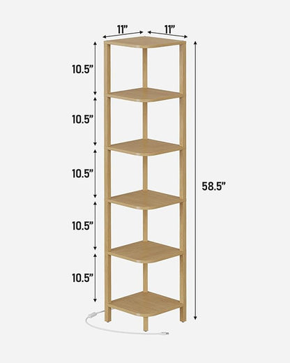 TUTOTAK Corner Shelf with LED Light, 6-Tier Corner Bookshelf for Small Space, Narrow Display Corner Shelf Stand with Storage Rack, for Living Room, Bedroom, Natural BS08BN006L