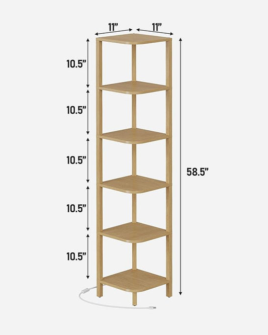 TUTOTAK Corner Shelf with LED Light, 6-Tier Corner Bookshelf for Small Space, Narrow Display Corner Shelf Stand with Storage Rack, for Living Room, Bedroom, Natural BS08BN006L