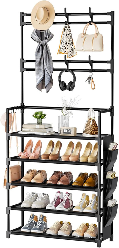 Shoe Rack 5 Tier Shoe Organizer Storage 15-20 Pairs Shoes Rack for Closet Entrance Shoe Rack Organizer with Hooks and Side Pocket Entryway Shoe Holder Space Saving Free Standing Shoe Racks