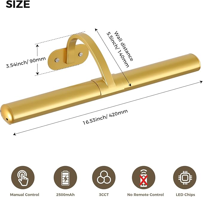 Joossnwell 16.54 Inch Touch Control Picture Light, Gold Rechargeable Battery Wall Sconce, Magnetic 3 CCT Dimmable Art Display Lamp for Large Painting, Dartboard, Portrait and Reading