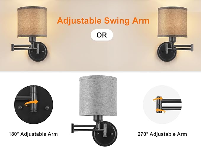 Battery Operated Wall Sconce with Remote Control, 15 Colors Dimmable Wireless Wall Sconces Set of Two, Rechargeable Cordless Wall Sconce Light, Swing Arm Wall Lamp with Grey Fabric Shade