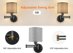 Battery Operated Wall Sconce with Remote Control, 15 Colors Dimmable Wireless Wall Sconces Set of Two, Rechargeable Cordless Wall Sconce Light, Swing Arm Wall Lamp with Grey Fabric Shade