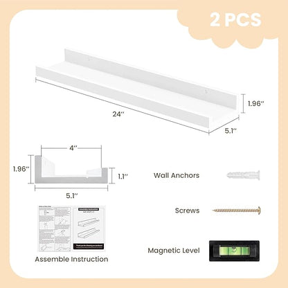 Fun Memories Picture Ledge Shelf, Pine Wood Floating Shelves Set of 2, 24 inch Nursery Book Shelves, Photo Ledge Book Shelves Wall Mounted for Living Room Kids' Room Bedroom - White