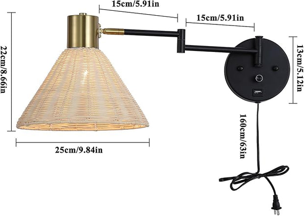 Plug in Rattan Wall Sconce Swing Arm Wall Lamp with USB Port and Dimmer Switch Hand-Woven Boho Rattan Wall Mounted Lamp Suitable for Hallway Bedroom Living Room.Balck