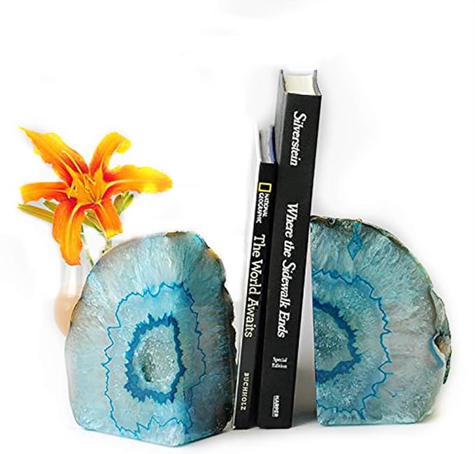 JIC Gem Crystal Bookends for Shelves Teal Agate Bookends Geode Book Ends to Hold Books Heavy Duty Bookends with Rubber Bumpers for Decoration(1 Pair, 6 to 8 Lbs)
