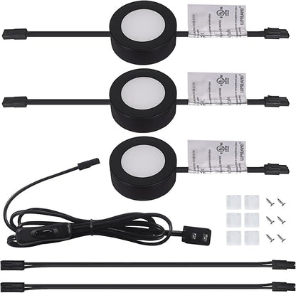 LUMILAND Wired LED Puck Lights 120V (2.7Wx3) Plug-in Lighting Warm White, LED Cabinet Light for Kitchen Can Be Surface Mount or Recess Mount, Black
